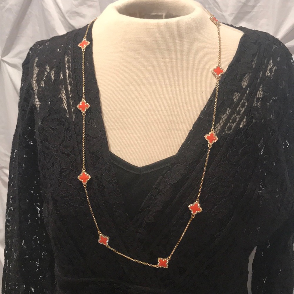 36” gold tone necklace with coral enamels